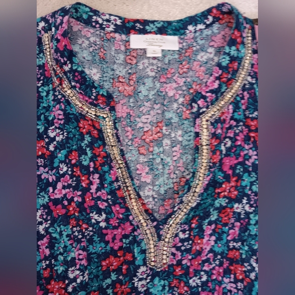 Charter Club Luxury~Linen Colorful Floral Tunic Top Rhinestone Beaded Neckline - Picture 7 of 14
